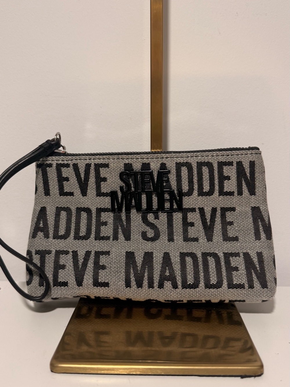 Steve Madden Black and Cream Logo Wristlet Pouch